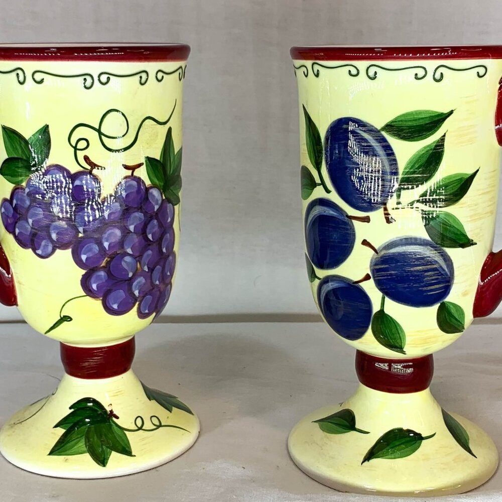 William-Sonoma Pedestal Coffee Tea Mugs Fruit Maroon Trim Set of Two